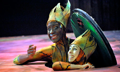 Sleeping Beauty by Birmingham Rep: two fairies dressed in leafy outfits emerge from a manhole