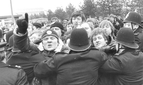 Police hold off the striking miners at Thorsby Colliery, Northamptonshire