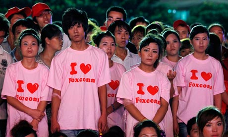 Foxconn workers at a rally in Guangdong province, China