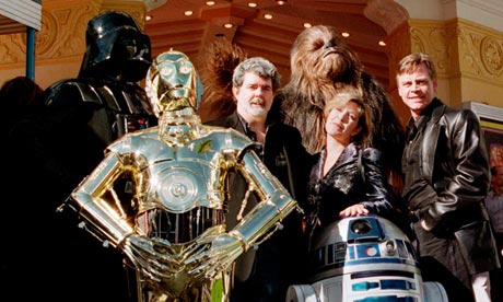 George Lucas posing with cast member of Star Wars in Los Angeles