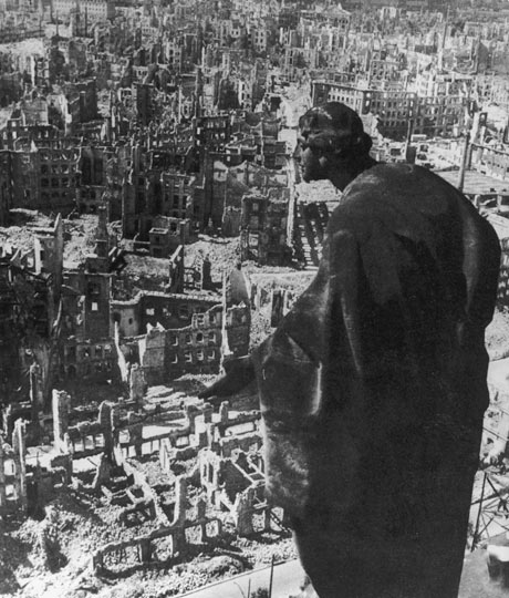 The view over Dresden from city hall following three days of Allied bombing in February 1945