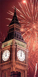 Big Ben striking midnight on New Year's Eve