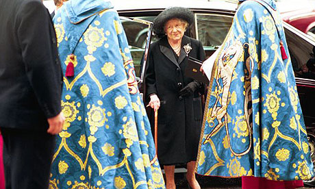 The Queen Mother attends the service of Thanksgiving for Ted Hughes at Westminster Abbey