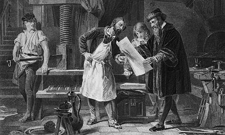 Johann Gutenberg taking the first ever proof of the printing press he invented