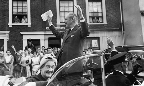 Harold Macmillan waves to supporters in London during his 1959 election campaign