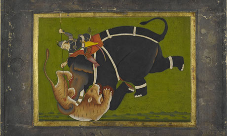 Painting of elephant trampling a tiger