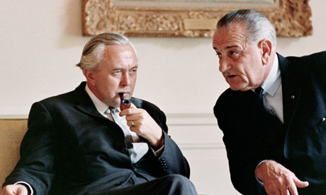 President Lyndon B Johnson discusses NATO issues with British Prime Minister Harold Wilson.