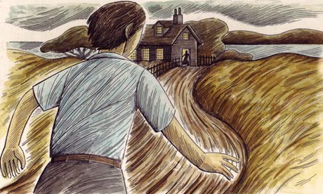 Illustration of person running towards frightening house