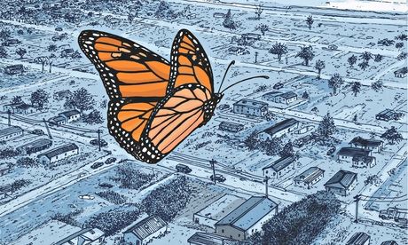 The butterfly’s fragile orange wings are warm against blue-grey landscapes