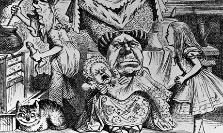 Alice with the Duchess, the baby, the cook and the cheshire cat in Lewis Carroll's <em>Alice In Wond