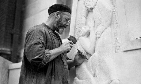Eric Gill working on a sculpture of Jesus restoring Bartimaeus's sight at Moorfields eye hospital, L