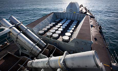 Harpoon (front) and Sea Wolf missile launch tubes on board HMS Somerset 