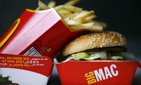 A Big Mac hamburger and french fries in a McDonald's fast food restaurant
