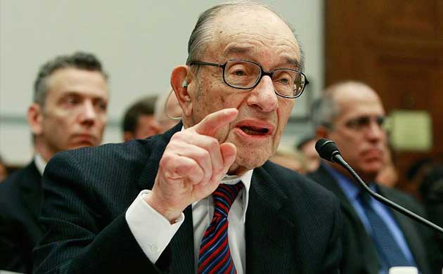 The former Federal Reserve chairman Alan Greenspan testifies on Capitol Hill during a hearing into the responsibilities of federal regulators