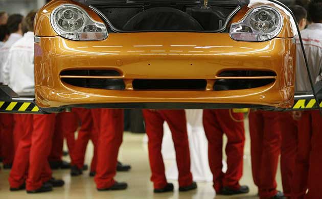 Apprentices at the factory of German sports car maker Porsche