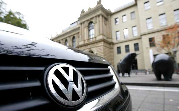 A Volkswagen car in front of the Deutsche Boerse stock exchange in Frankfurt
