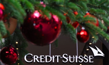 A Christmas tree at the headquarters of Swiss banking giant Credit Suisse