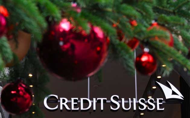 A Christmas tree at the headquarters of Swiss banking giant Credit Suisse