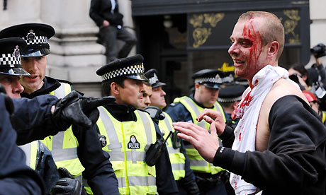 G20 protests turn violent at Bank in the City of London. Photograph: Owen Humphreys/PA