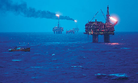 North Sea oil and gas production has fallen since its prime in 1999 when the UK was the world’s sixth largest player. Photograph: Getty Images North Sea oil rigs