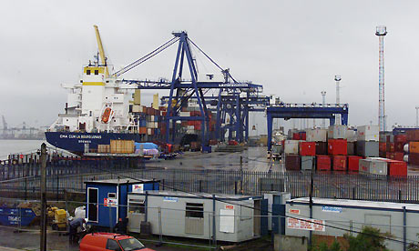 A cargo ship at Felixstowe dock