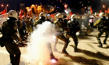 Riot police clash with protestors in Thessaloniki, Greece, 2010