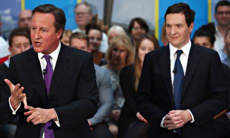 David Cameron and George Osborne speak together at construction company Skanska