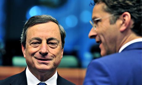 ECB president Mario Draghi (L) and Dutch finance minister and eurozone president Jeroen Dijsselbloem