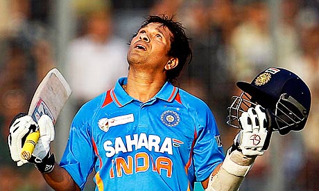 Sachin Tendulkar celebrates his 100th international century during India's match against Bangladesh