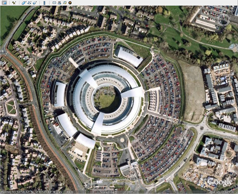 Architecture: Aerial view of GCHQ  building in Cheltenham.