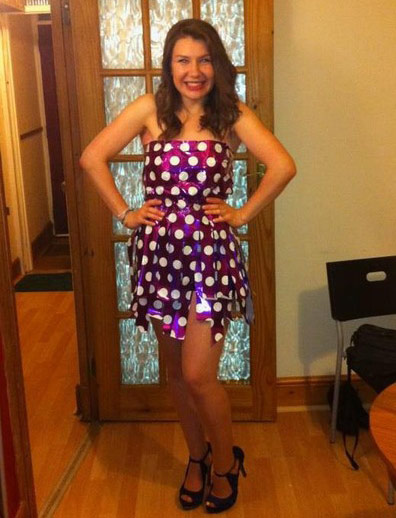 Student fancy dress: Student wearing a dress made from wrapping paper