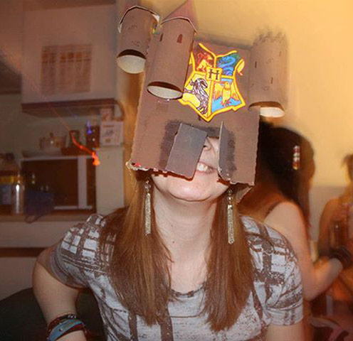 Student fancy dress: Student wearing a homemade Hogwarts castle outfit