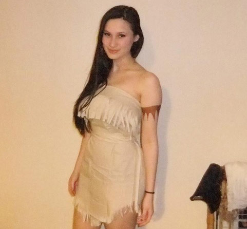 Student fancy dress: Student wearing a Pochahontas outfit made from a pillow case