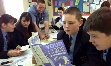 A teacher giving a sex education lesson to pupils at Ivy Bank School, Burnley