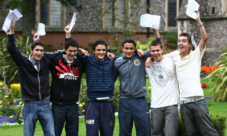  Twins (left to right) Lucas and Dale Currell, Adam and Charles Davies with Luke and Miles Holbrook, celebrate their GCSE results at Brighton College in Brighton, East Sussex