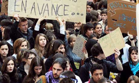 French high school students and teachers demonstrate at proposed teaching job cuts, April 2008