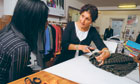 Tailor, designer and teacher Imtaz Khaliq, right, with a student at her east London studio. Photograph: Linda Nylind
