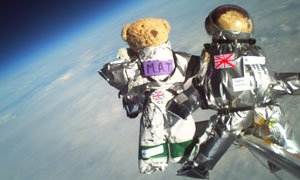 Teddy bears at 30,000 metres wearing space suits designed as part of a project with Cambridge Universitys spaceflight student club. Photograph: Cambridge University
