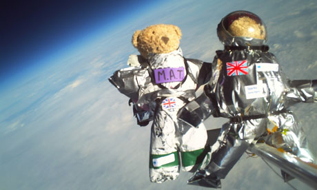 Teddy bears at 30,000 metres wearing space suits designed as part of a project with Cambridge Universitys spaceflight student club. Photograph: Cambridge University