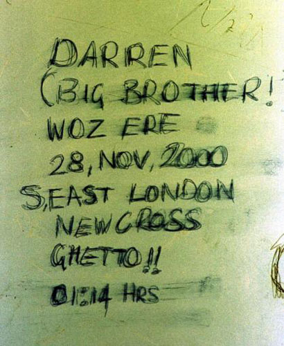 Toilet graffiti: Darren Ramsay scrawled this message on the airport toilet wall