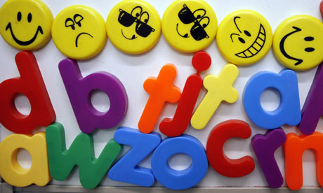 plastic letters and  smiley faces