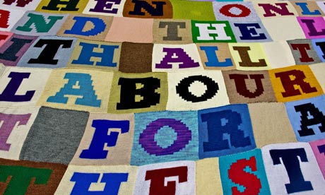 A giant knitted poem outside the British Library