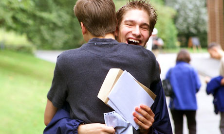 Sixth form students celebrating 'A' level success at St Nicholas RC High School, Hartford, Cheshire