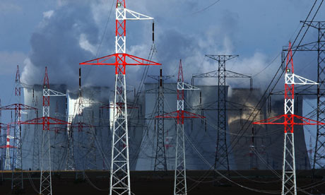 A power lines and steaming cooling towers of the Slovakia's oldest nuclear power plant
