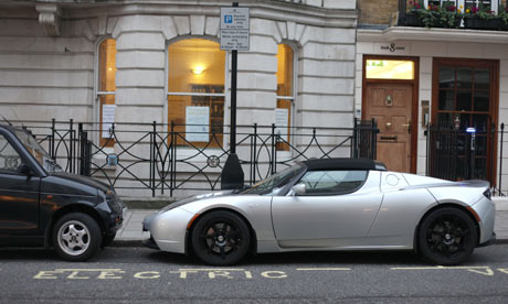 The Tesla Roadster electric car sits at one of Westminster's juice point