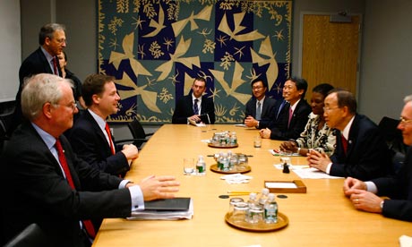 MDG : Britain's Deputy Prime Minister Clegg talks to Ban Ki-moon, UN headquarters in New York