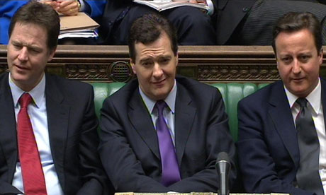 Budget 2011 : Nick Clegg Chancellor George Osborne and David Cameron 
