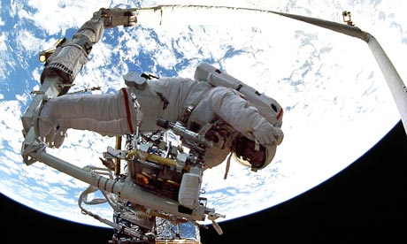 Astronaut Jeffrey Hoffman during STS-61 Hubble Space Telescope servicing mission