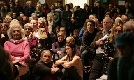 Campaigners at a public meeting in January to discuss the planned shale gas drilling and fracking site near Balcombe village, Sussex. Photograph: Martin Godwin for the Guardian