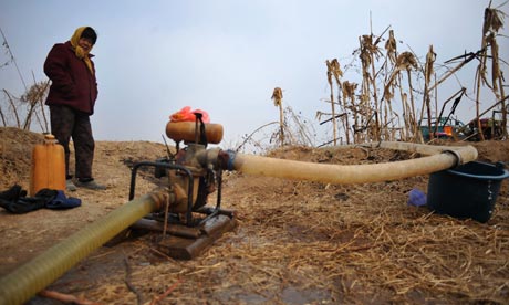 Water stress in China : A villager looks after a water pump to irrigate fields in Shandong